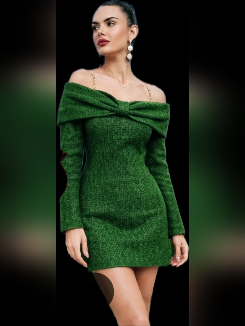 ZARA Olive Green Nwot Off Shoulder Bow Textured Mini Dress w/Gold Chain Straps